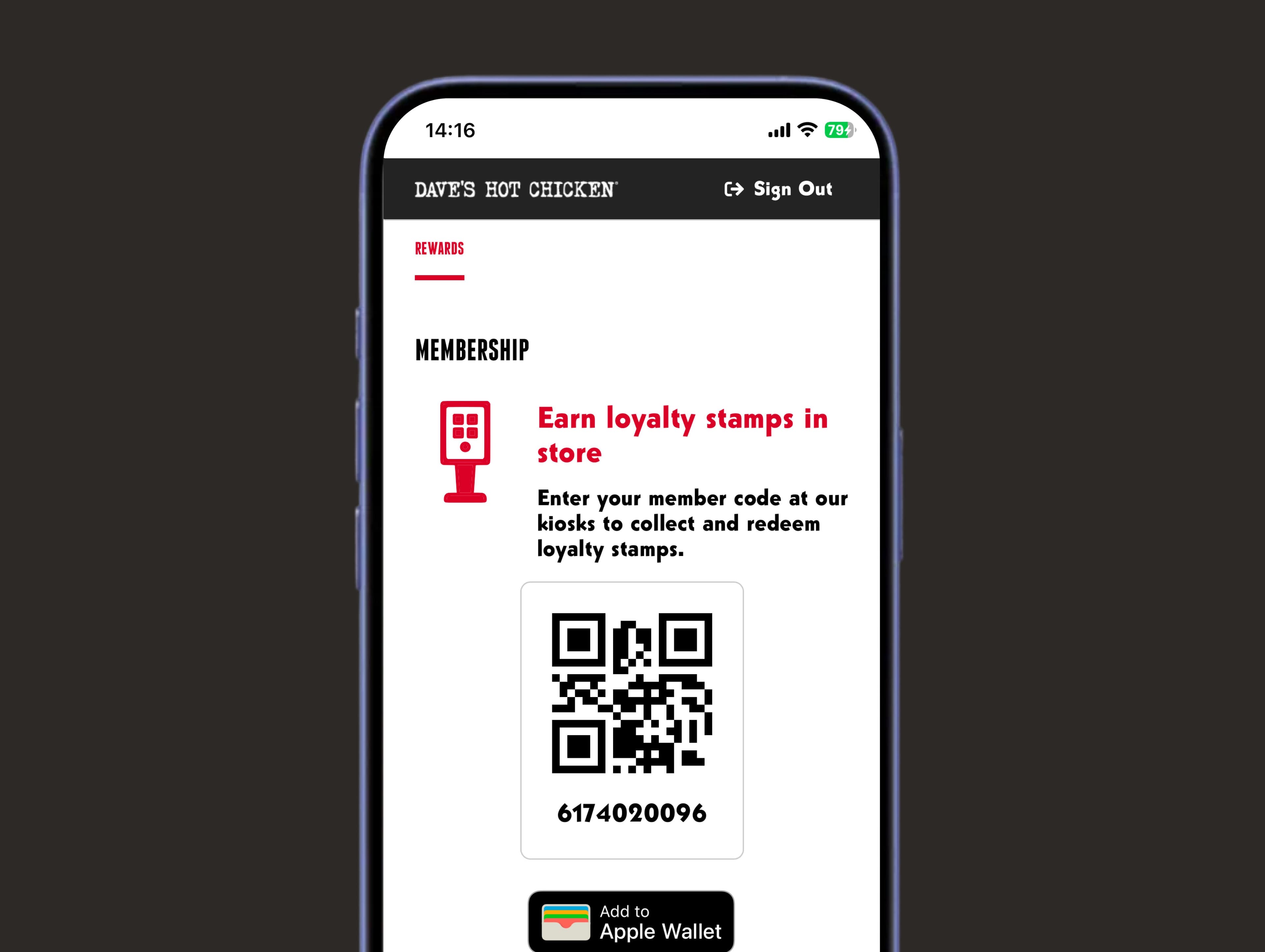 Membership screen on the Dave's Hot Chicken App